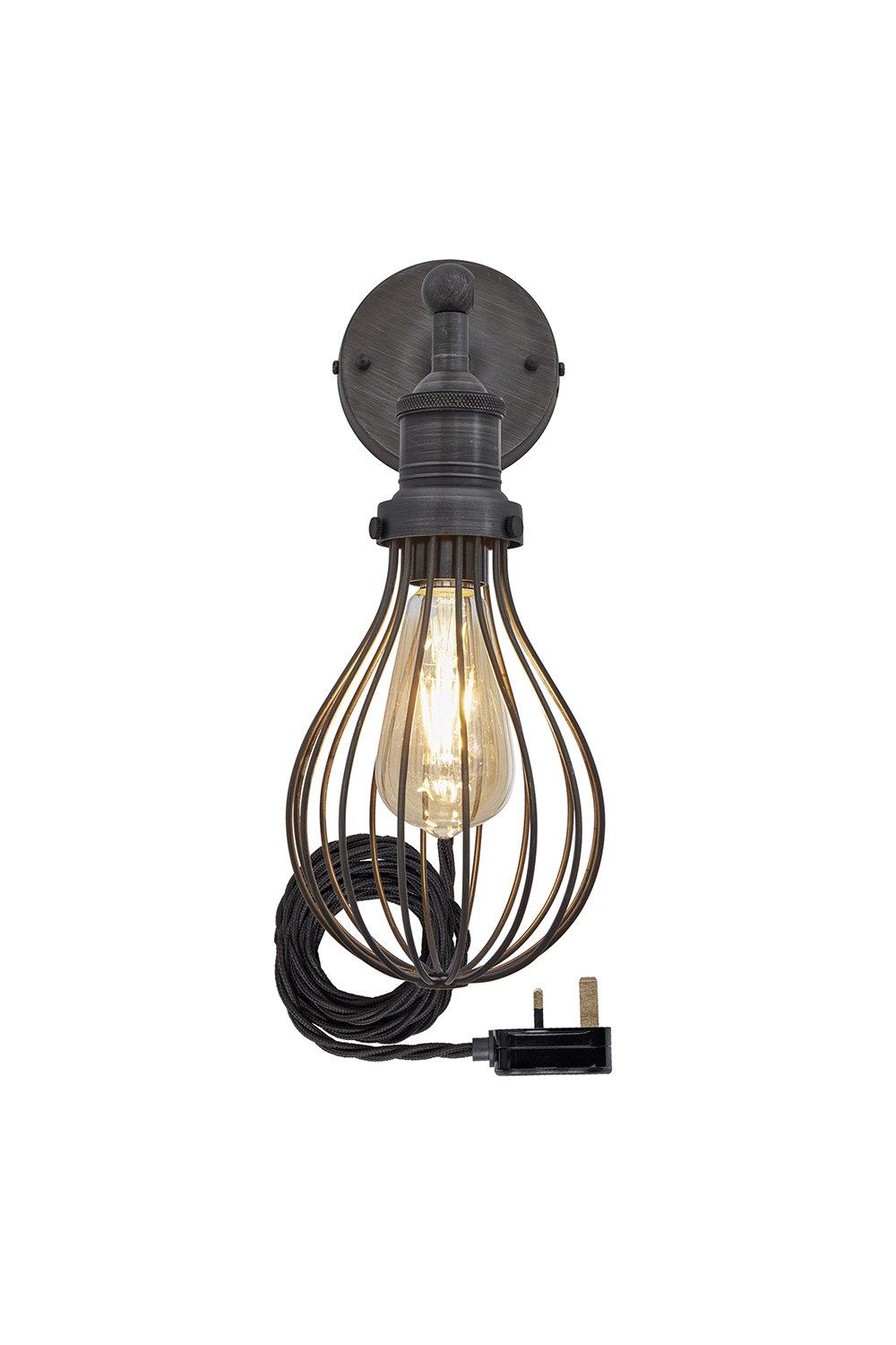 Brooklyn Balloon Cage Wall Light, 6 Inch, Pewter, Pewter Holder With Plug
